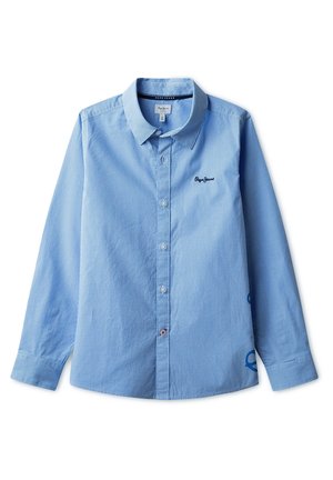 Jasnoniebieska koszula z długim rękawem, małym wzorem w kratkę, o ostrym kołnierzu i ciemnoniebieskim logo „Pepe Jeans” na piersi.