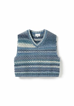Vékony kötött ujjatlan pulóver mellény V-nyakkivágással, horizontális csíkkal kék, szürke és krémszínek árnyalataiban.