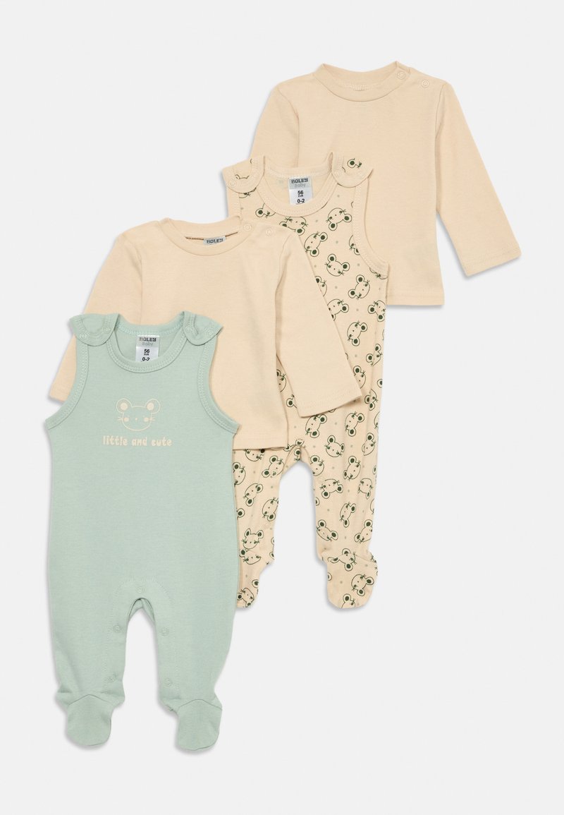 Set aus vier Babykörperanzügen, zwei beigen Langarmoberteilen, einem beigen Fußanzug mit Bärenmotiv und einem grünen ärmellosen Fußanzug mit dem Text "klein und süß".