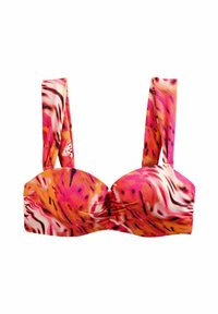 Gemusterter Bikini-Oberteil mit breiten, gebundenen Trägern. Mit auffälligen pinken und orangefarbenen Wirbeln, strukturiertem Vorderteil und Raffungselement. Dehnbare Stoffqualität.