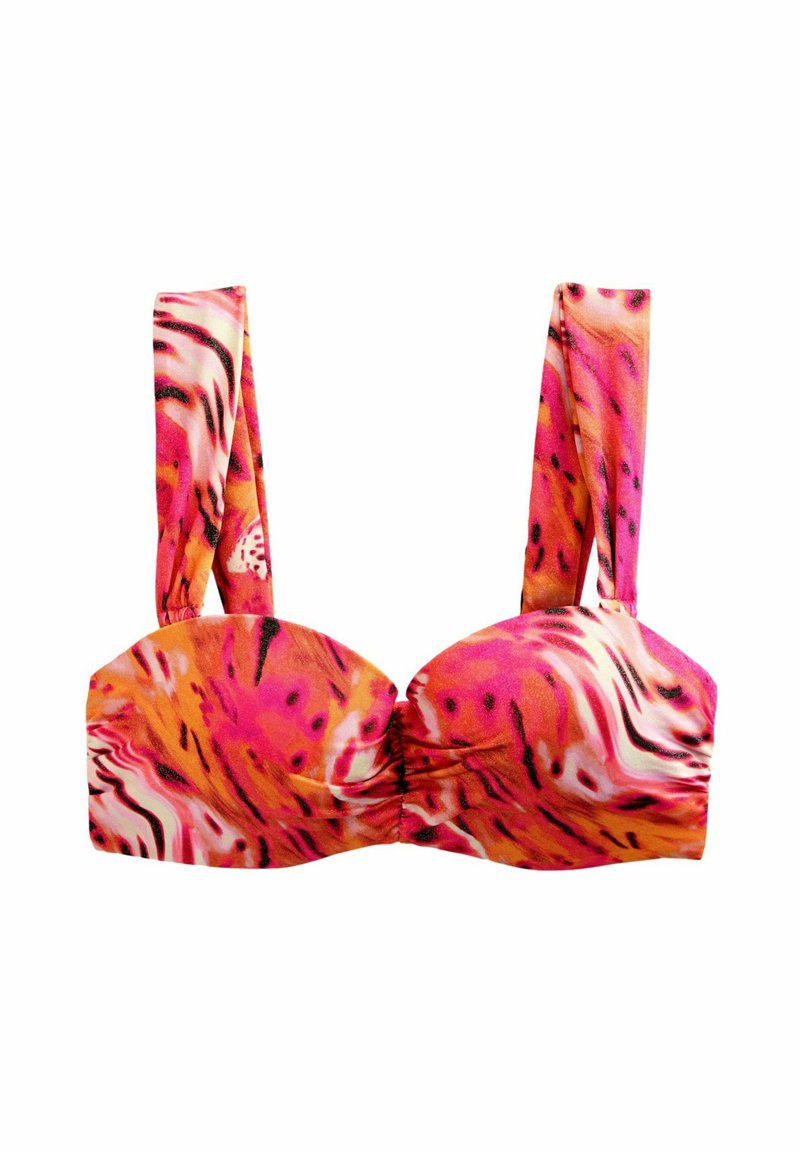 Gemusterter Bikini-Oberteil mit breiten, gebundenen Trägern. Mit auffälligen pinken und orangefarbenen Wirbeln, strukturiertem Vorderteil und Raffungselement. Dehnbare Stoffqualität.