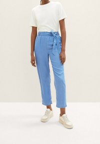 Jasnoniebieskie spodnie z wiązanym pasem, o luźnym kroju i prostych nogawkach. W połączeniu z białą koszulą z krótkim rękawem i sneakersami.