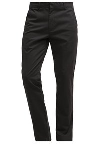 Black trousers with a slim fit, made from smooth fabric. Features a straight leg design, belt loops, and pocket detailing.