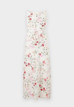 Λευκό μακρύ φόρεμα χωρίς μανίκια με ρυθμιζόμενο ζωνάκι στη μέση, διακοσμημένο με πολύχρωμο floral σχέδιο σε κόκκινο, ροζ, πορτοκαλί και πράσινο.