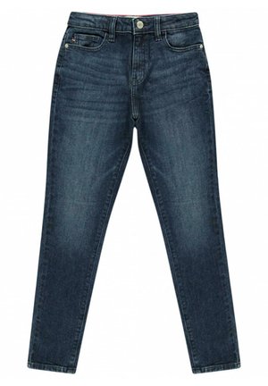 Donkerblauwe denim jeans met een klassiek vijf-pocket ontwerp, knoopsluiting en rechte pijpen. Soepele textuur met subtiele vervagingsdetails.