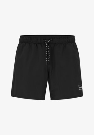 Zwarte zwemshorts van lichtgewicht stof, met een elastische tailleband en een trekkoord, en een klein logopatch op de zijkant.