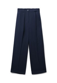 Marineblaue Weite-Hosen aus strukturiertem Stoff mit vorderen Taschen, einem Knopfverschluss und deutlichen Falten an der Vorderseite.