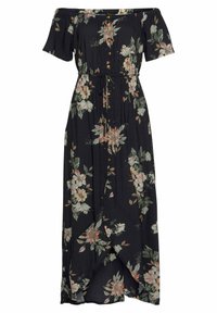 Florale maxi-jurk van zwarte stof met off-shoulder mouwen, knopen sluiting, getailleerde taille en een vloeiende rok met een zijsplit.
