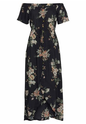 Floral maxi dress in black fabric with off-shoulder sleeves, button closure, cinched waist, and a flowy skirt with a side slit.