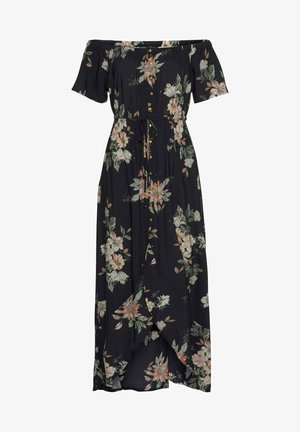 Lillelille lillelille musta kangast lilleline maxi kleit, millel on õlavarrest vabad varrukad, nööbid, kitsenev talje ja voogav seelik külgsuuna lõhedega.