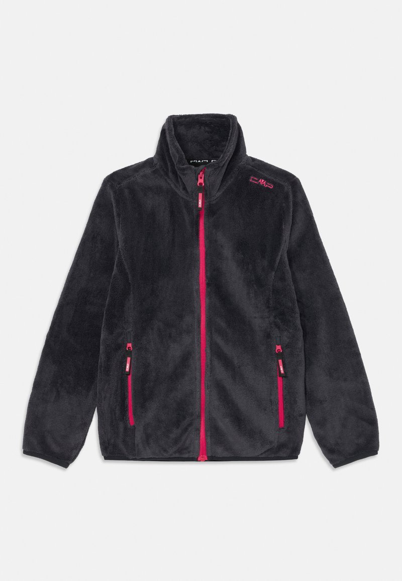 Giacca in pile di colore grigio scuro con colletto alto, zip frontale completa e dettagli rosa sulla zip e sul logo. Presenta due tasche laterali.