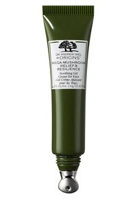 Grønn tube av Dr. Andrew Weil for Origins Mega-Mushroom Relief & Resilience gelkrem, med en sølv kuleapplikator og klar tekstmerking.