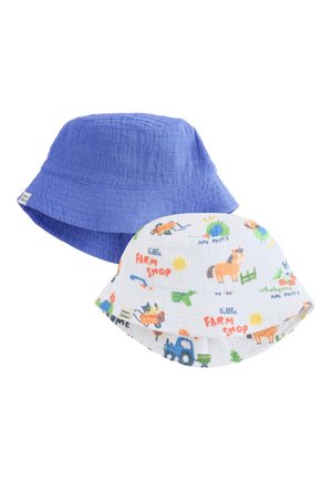 Zwei Kinder-Eimerhüte, ein einfarbig blauer und einer weiß mit bunten Bauernhof-Tier- und Fahrzeugmotiven.