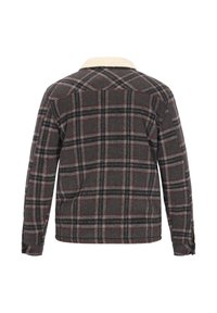 Harva flanellipaita harmaana, jossa on cream-värinen kaulus, pitkät hihat ja napilliset hihansuut. Valmistettu pehmeästä, teksturoidusta kankaasta, jossa on kontrastisia kuvioita.