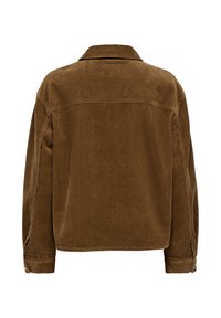 Veste en velours côtelé marron vue de dos, avec manches longues, poignets boutonnés et ourlet droit.