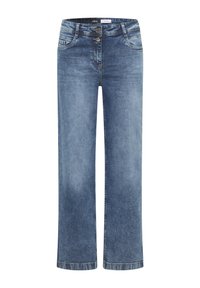 Jeans de mezclilla azul con un diseño de pierna recta, que cuentan con un cierre de botones, dos bolsillos frontales y un ligero desgaste para añadir textura.