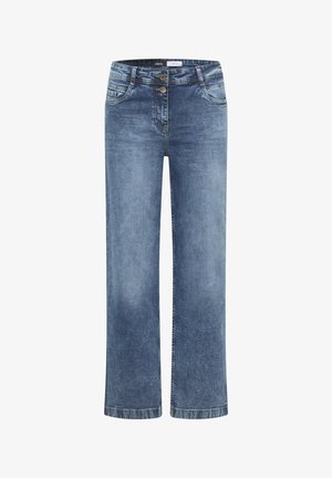 Blaue Denim-Jeans mit geradem Bein, ausgestattet mit einem Knopfverschluss, zwei vorderen Taschen und leichter Verwaschung für Textur.