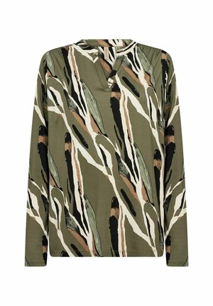Haut à manches longues en vert olive avec des motifs abstraits noirs, beiges et blancs. Doté d'un décolleté en V et d'un tissu doux et texturé.