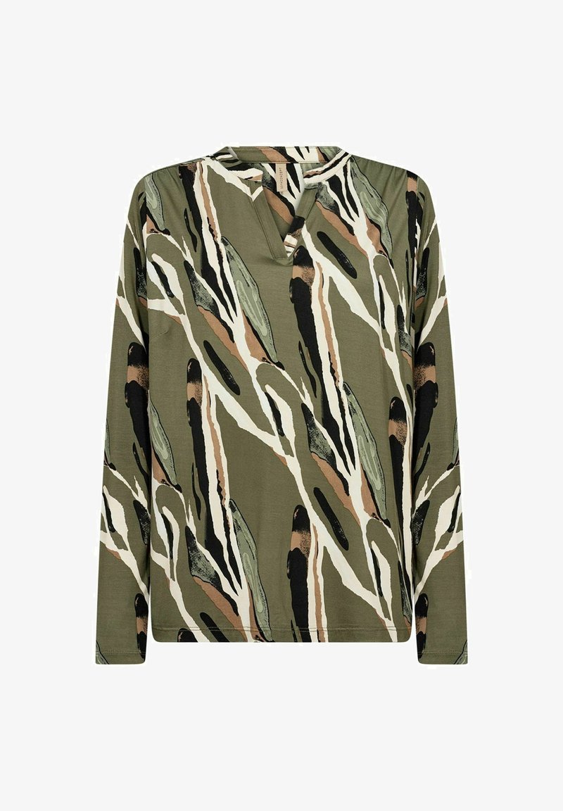 Haut à manches longues en vert olive avec des motifs abstraits noirs, beiges et blancs. Doté d'un décolleté en V et d'un tissu doux et texturé.