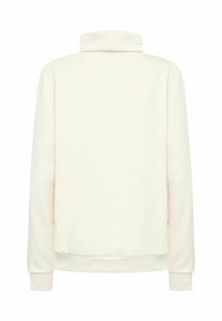 Krémovo sfarbená mikina s vysokým golierom, dlhými rukávmi a rebrovanými manžetami. Mäkká textúra a pohodlný strih, bez vzorov alebo zvýraznení.