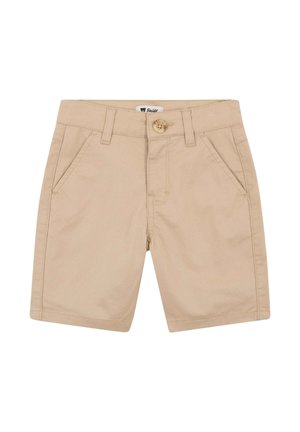 Beige Baumwollshorts mit Knopfleiste, Gürtelösen und zwei Seitentaschen. Glatte Textur mit gesäumten Beinen und minimalen Nahtdetails.