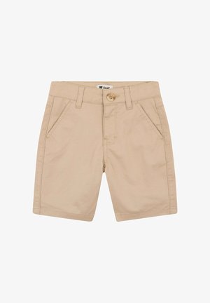 Beige Baumwollshorts mit Knopfleiste, Gürtelösen und zwei Seitentaschen. Glatte Textur mit gesäumten Beinen und minimalen Nahtdetails.