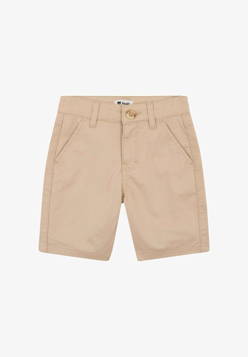 Beige cotton shorts with a button front, belt loops, and two side pockets. Smooth texture with hemmed legs and minimal stitching details.