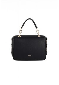 Borsa nera strutturata in pelle texture, dotata di manico superiore, hardware dorato e un logo discreto sul davanti.