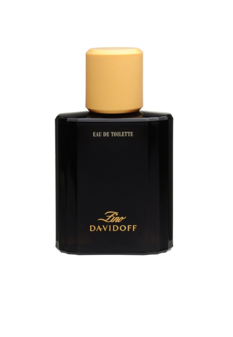 Schwarze rechteckige Flasche mit einem goldenen Verschluss. Der Text auf der Vorderseite lautet "Eau de Toilette Zino Davidoff" in goldenem Schriftzug. Glatte Oberfläche.