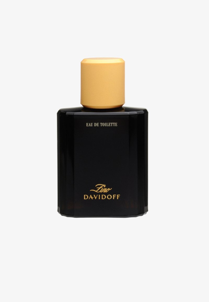 Svart rektangulær flaske med et gullokk. Teksten på fronten står "Eau de Toilette Zino Davidoff" i gullbokstaver. Glatt tekstur.