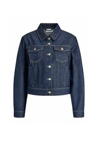 Tamsiai mėlynas džinsinis švarkas su apykakle, priekiu užsegamas mygtukais, dviem krūtinės kišenėmis, šoninėmis kišenėmis ir kontrastingais siuvimo detalėmis.