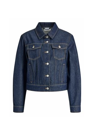 Tamsiai mėlynas džinsinis švarkas su apykakle, priekiu užsegamas mygtukais, dviem krūtinės kišenėmis, šoninėmis kišenėmis ir kontrastingais siuvimo detalėmis.