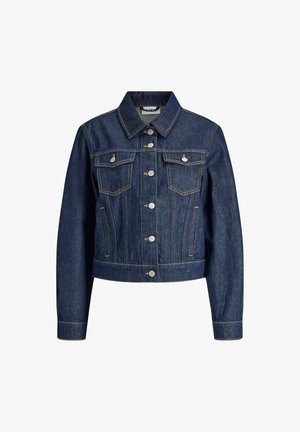 Tamsiai mėlynas džinsinis švarkas su apykakle, priekiu užsegamas mygtukais, dviem krūtinės kišenėmis, šoninėmis kišenėmis ir kontrastingais siuvimo detalėmis.