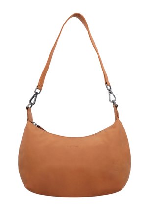 Glatte hellbraune Leder-Schultertasche mit geschwungener Form und verstellbarem Riemen, befestigt durch Metallverschlüsse.
