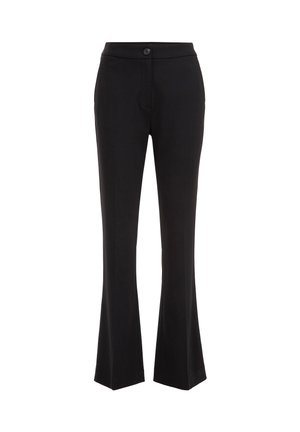 Melnas sieviešu bikses ar taisnu kāju piegriezumu, pogu aizdare un gluda jostasvieta, attēlotas uz baltā fona.