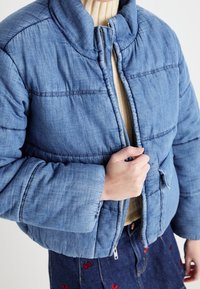 Person wearing a quilted blue jacket over a beige sweater and a dark blue skirt with small red embroidered designs.