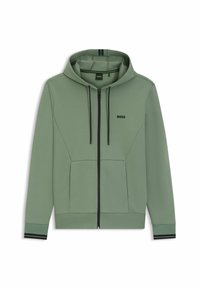 Green zip-up hoodie made of soft fabric. Features a front logo, contrasting black zipper, and striped accents on cuffs.