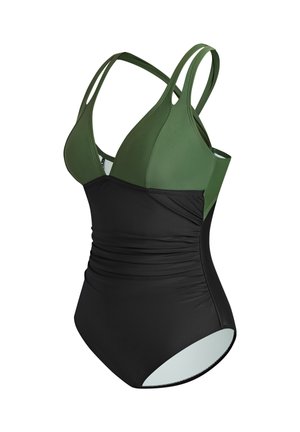 Maillot de bain pour femme avec un haut vert et un bas noir. Le design comprend des bretelles ajustables et un détail de tissu froncé à la taille.