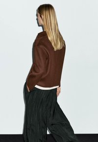 Bruine wollen jas met een kraag, gecombineerd met zwarte pinstripe wijde broek. Model gezien van achteren, met lang steil haar.