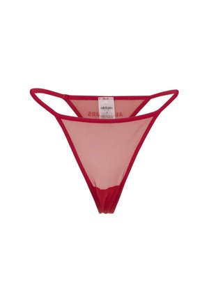 Red mesh thong with thin side straps and a solid red waistband. Features a label on the inside center back. Lightweight and sheer design.