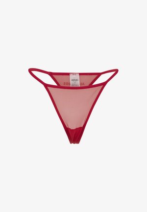 Roter Netz-String mit dünnen Seitenriemen und einem festen roten Bund. Verfügt über ein Etikett in der Mitte innen am Rücken. Leichtes und transparentes Design.