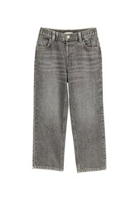 Sivé džínsové nohavice s širokými nohavicami, elastickým pásom, prednými vreckami a jemným efektom obrusovania na látke. Klasický dizajn s piatimi vreckami.