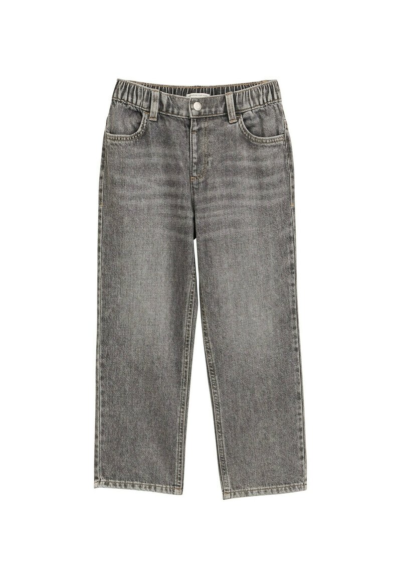 Sivé džínsové nohavice s širokými nohavicami, elastickým pásom, prednými vreckami a jemným efektom obrusovania na látke. Klasický dizajn s piatimi vreckami.
