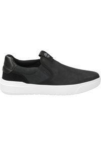 Black slip-on shoes with a smooth upper, leather accents, elastic side panels, and a white rubber sole featuring a textured grip pattern.
