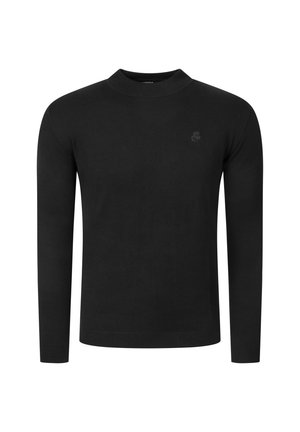 Jersey negro de manga larga con cuello redondo y logo sutil en el pecho izquierdo, mostrado sobre un fondo blanco.