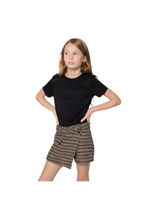 T-shirt noir à manches courtes avec un lettrage "Lanvin" en relief. Short marron à motifs avec un design zigzag et des poches avant.