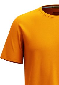 Oranssi pyöreäkauluksinen t-paita, joka on valmistettu sileästä kankaasta. Lyhyet hihat ja minimaalinen pinta. Sisältää etiketin, jossa näkyvät brändin nimi ja koko.
