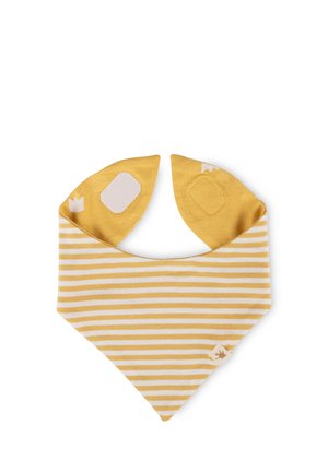 Yellow and white striped bib with a triangular shape. It features soft fabric, two pointed ends, and decorative patches on the corners.