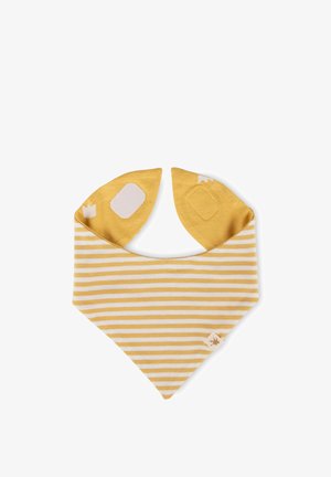 Yellow and white striped bib with a triangular shape. It features soft fabric, two pointed ends, and decorative patches on the corners.
