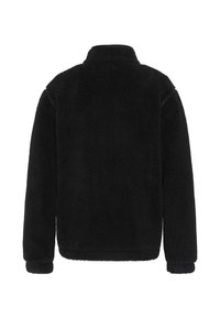 Czarna kurtka z polaru z wysokim kołnierzem, fakturowaną powierzchnią i długimi rękawami. Brak widocznych zapięć lub ozdób.